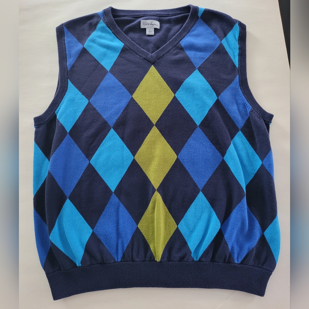 Walter Hagen Old School Golf Vest Blue Green Argyle Checked Men's XL Extra Large